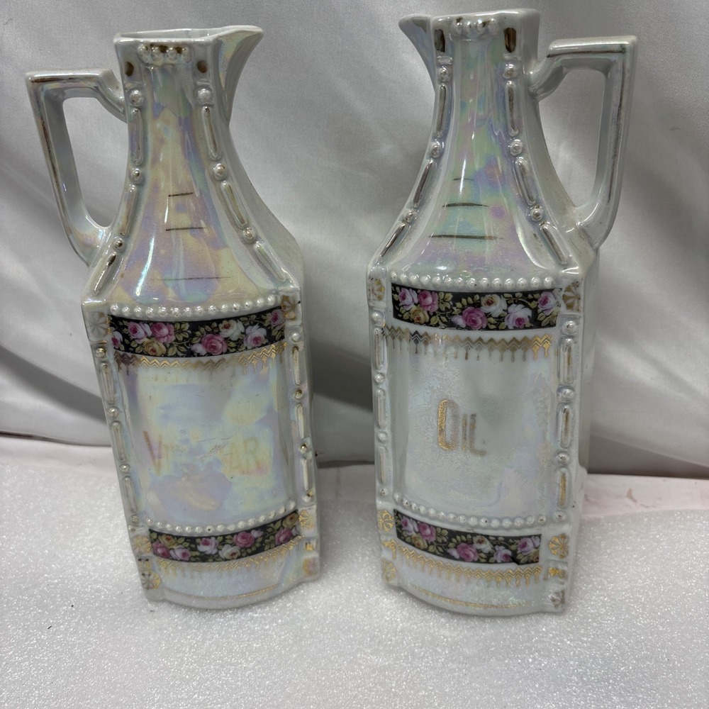 Lusterware Iridescent Oil Vinegar Cruet Dispensers Opalescent Antique Germany
